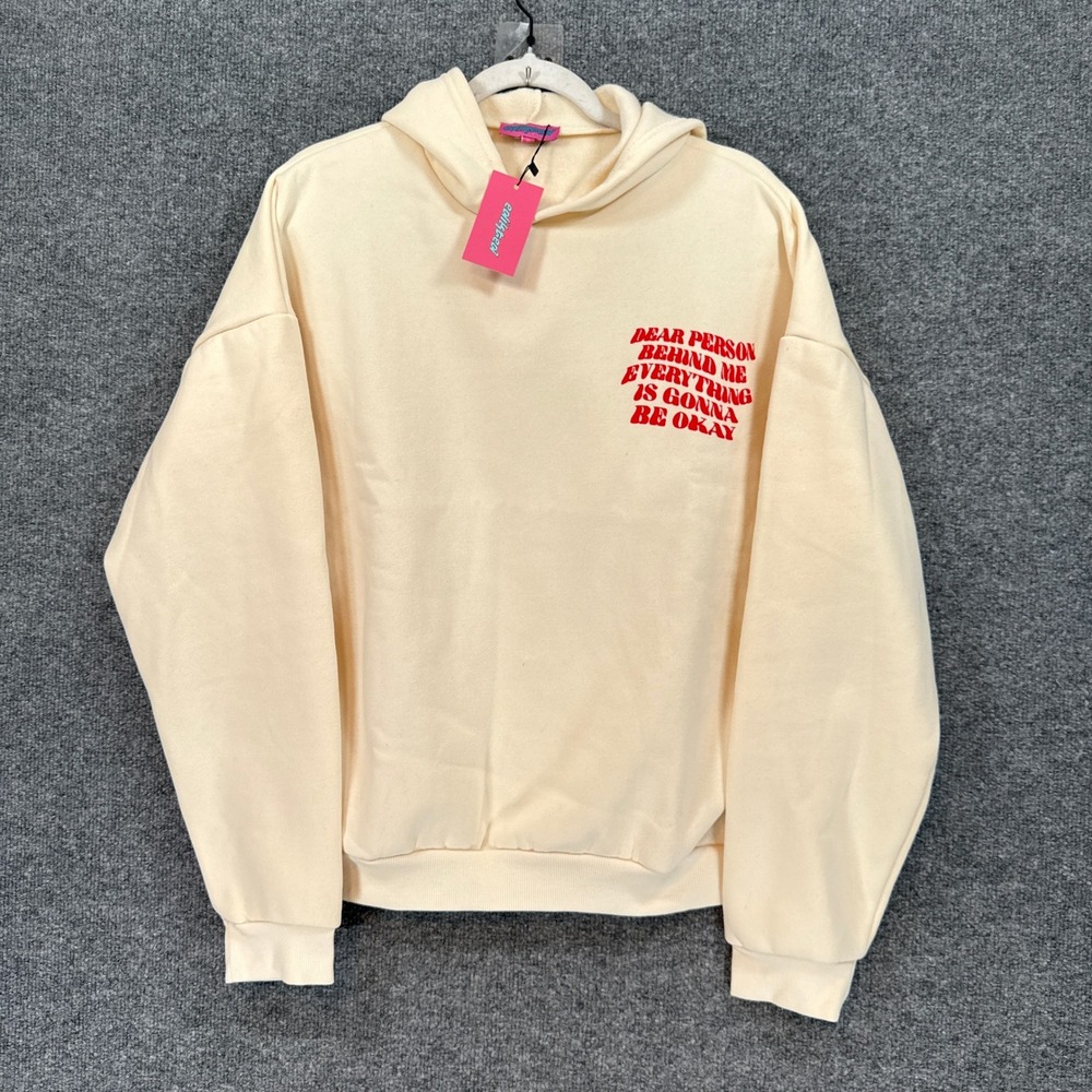 Edikted Hoodie Womens XL Cream Dear Person Behind Me Graphic Sweatshirt NEW